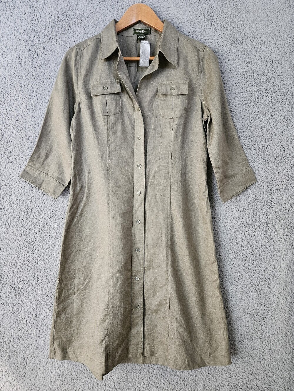 Eddie Bauer 100%  Linen Safari Shirt Dress 8 Petite Utility Khaki Olive Green